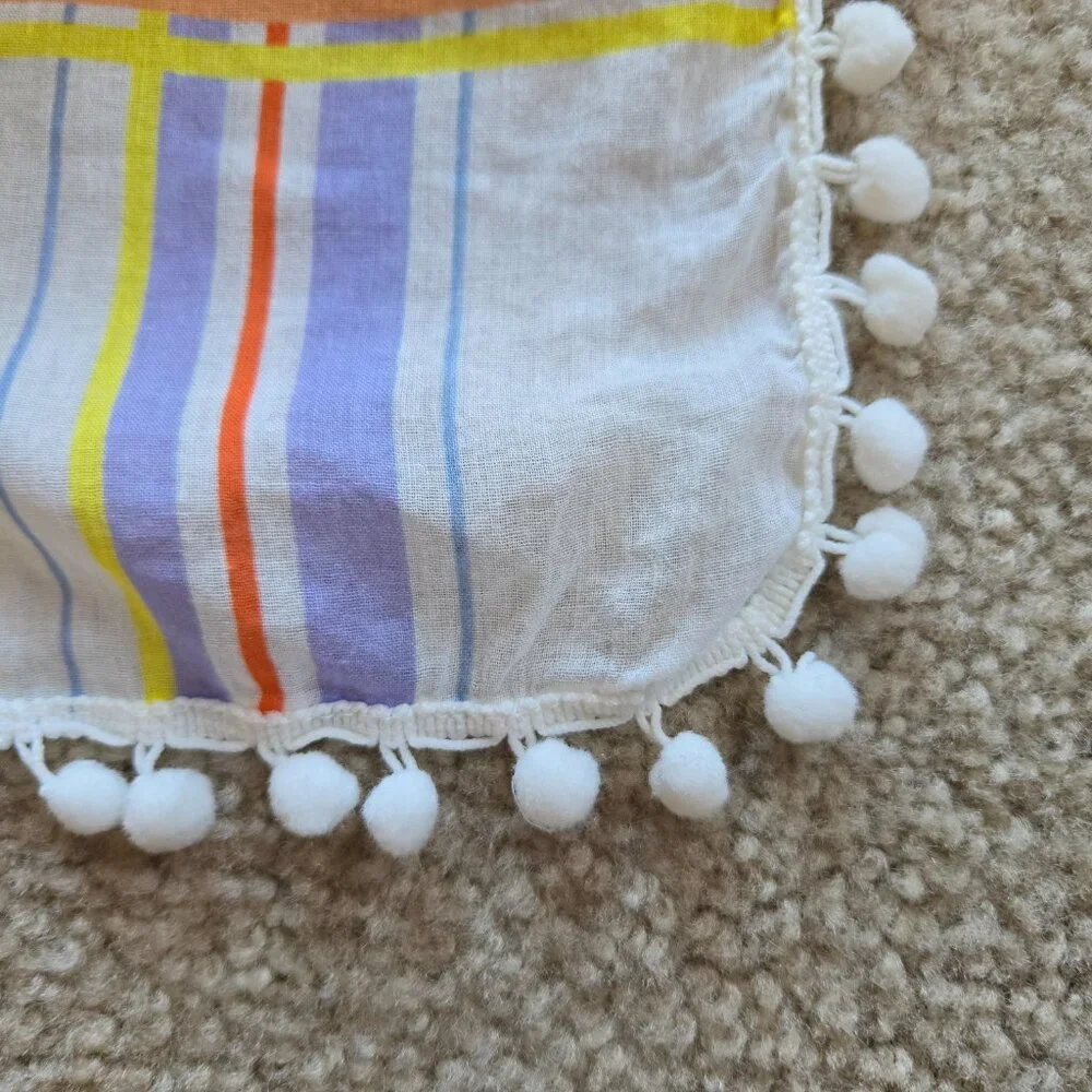 Lightweight Striped Summer Scarf or Sarong with Pom Pom Border